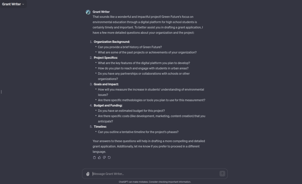 AI Grant Writing - Example response